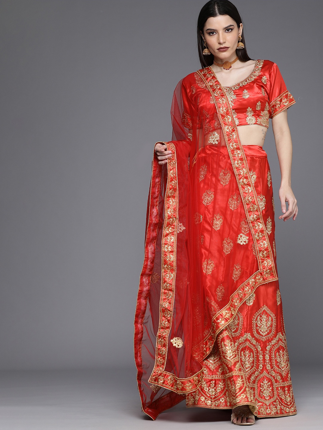 

Mitera Red & Gold-Toned Embroidered Semi-Stitched Lehenga & Unstitched Blouse With Dupatta