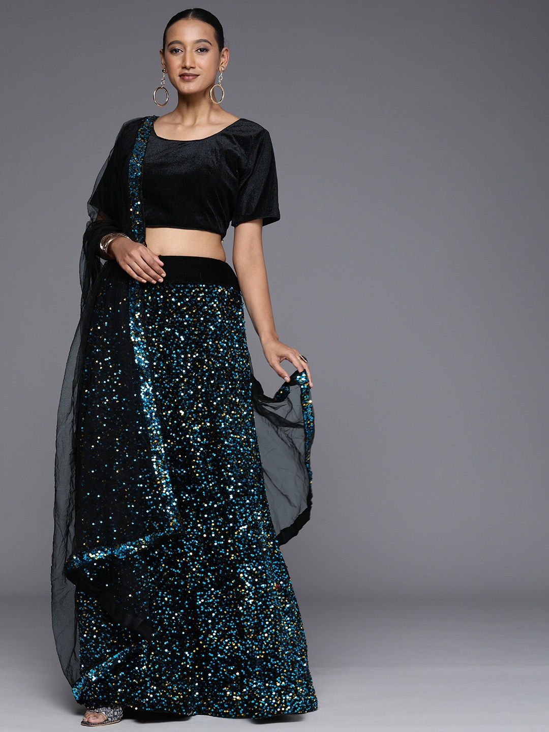 

Mitera Navy Blue & Black Velvet Semi-Stitched Lehenga & Unstitched Blouse With Dupatta