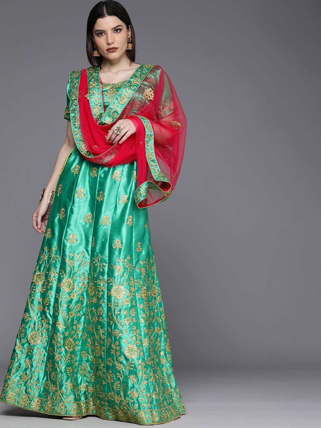 

Mitera Green & Gold-Toned Semi-Stitched Lehenga & Unstitched Blouse With Dupatta