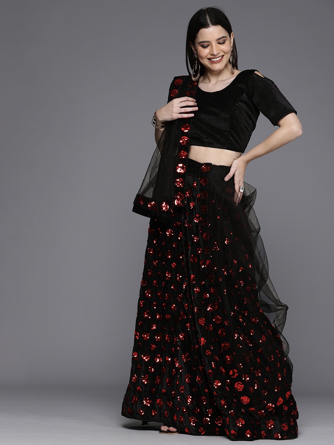 

Mitera Black & Red Velvet Semi-Stitched Lehenga & Unstitched Blouse With Dupatta