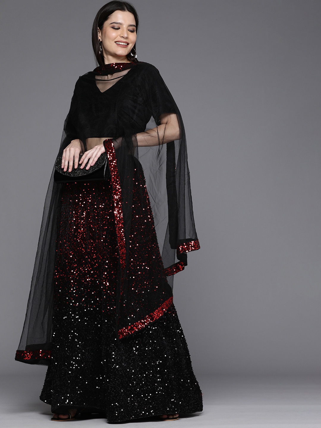 

Mitera Black & Red Velvet Semi-Stitched Lehenga & Unstitched Blouse With Dupatta