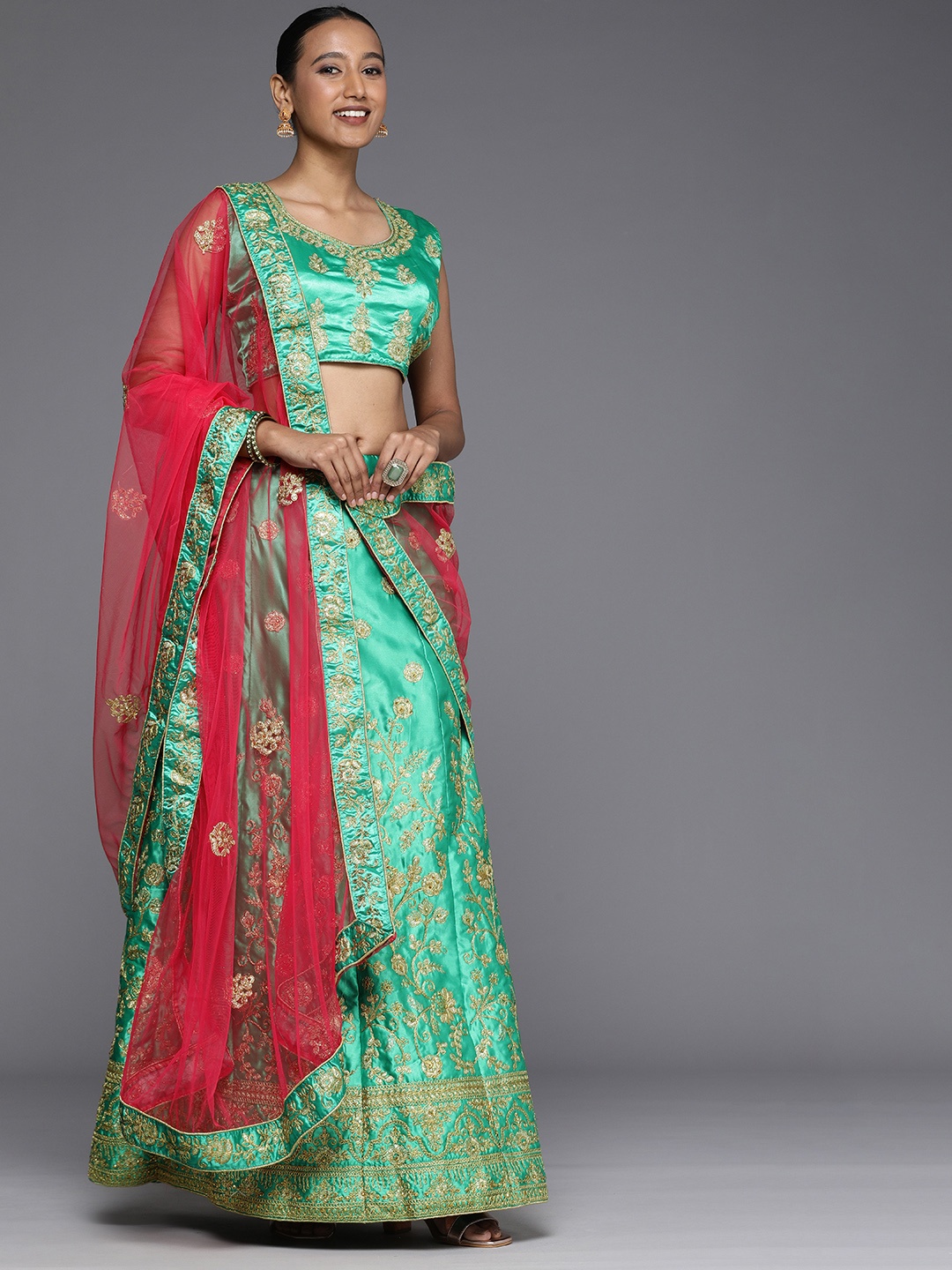 

Mitera Green & Pink Woven Design Semi-Stitched Lehenga & Unstitched Blouse With Dupatta