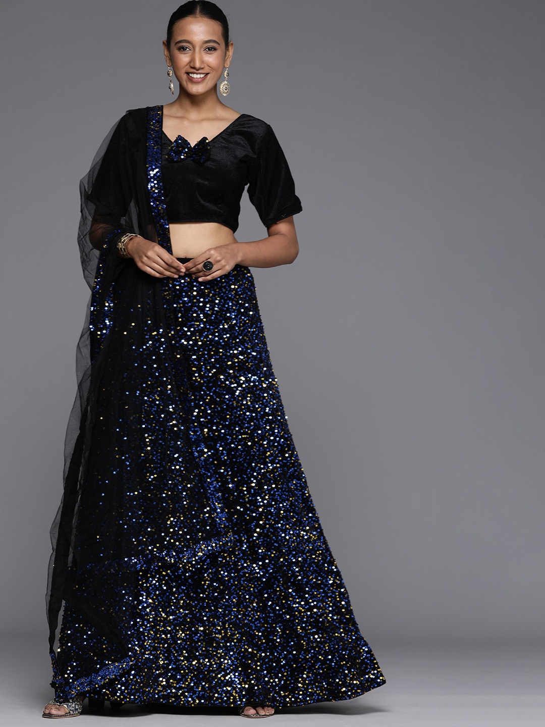 

Mitera Navy Blue Velvet Semi-Stitched Lehenga & Unstitched Blouse With Dupatta