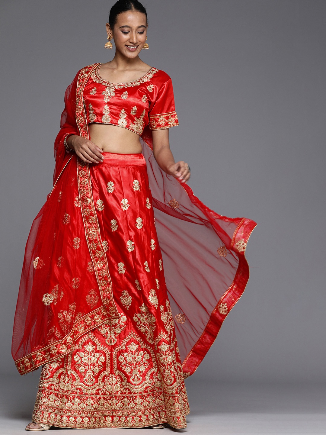 

Mitera Red & Gold-Toned Semi-Stitched Lehenga & Unstitched Blouse With Dupatta