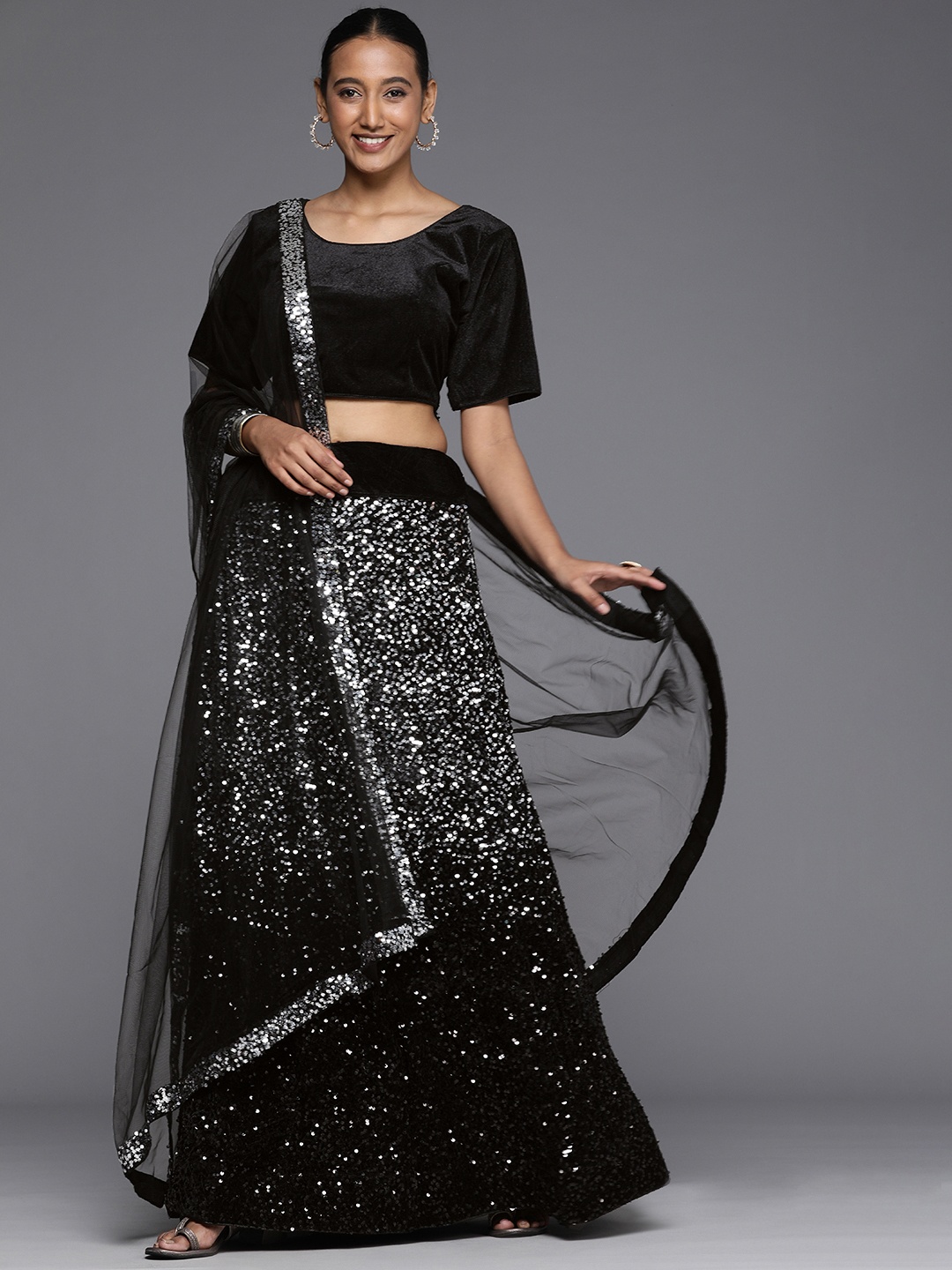 

Mitera Black & Silver-Toned Velvet Semi-Stitched Lehenga & Unstitched Blouse With Dupatta