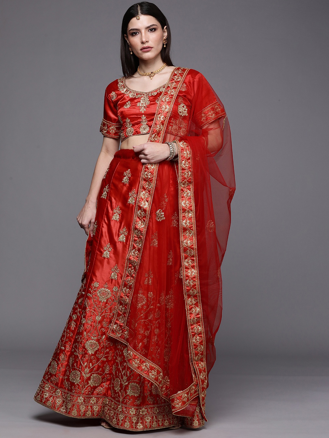 

Mitera Red Embroidered Semi-Stitched Lehenga & Unstitched Blouse With Dupatta