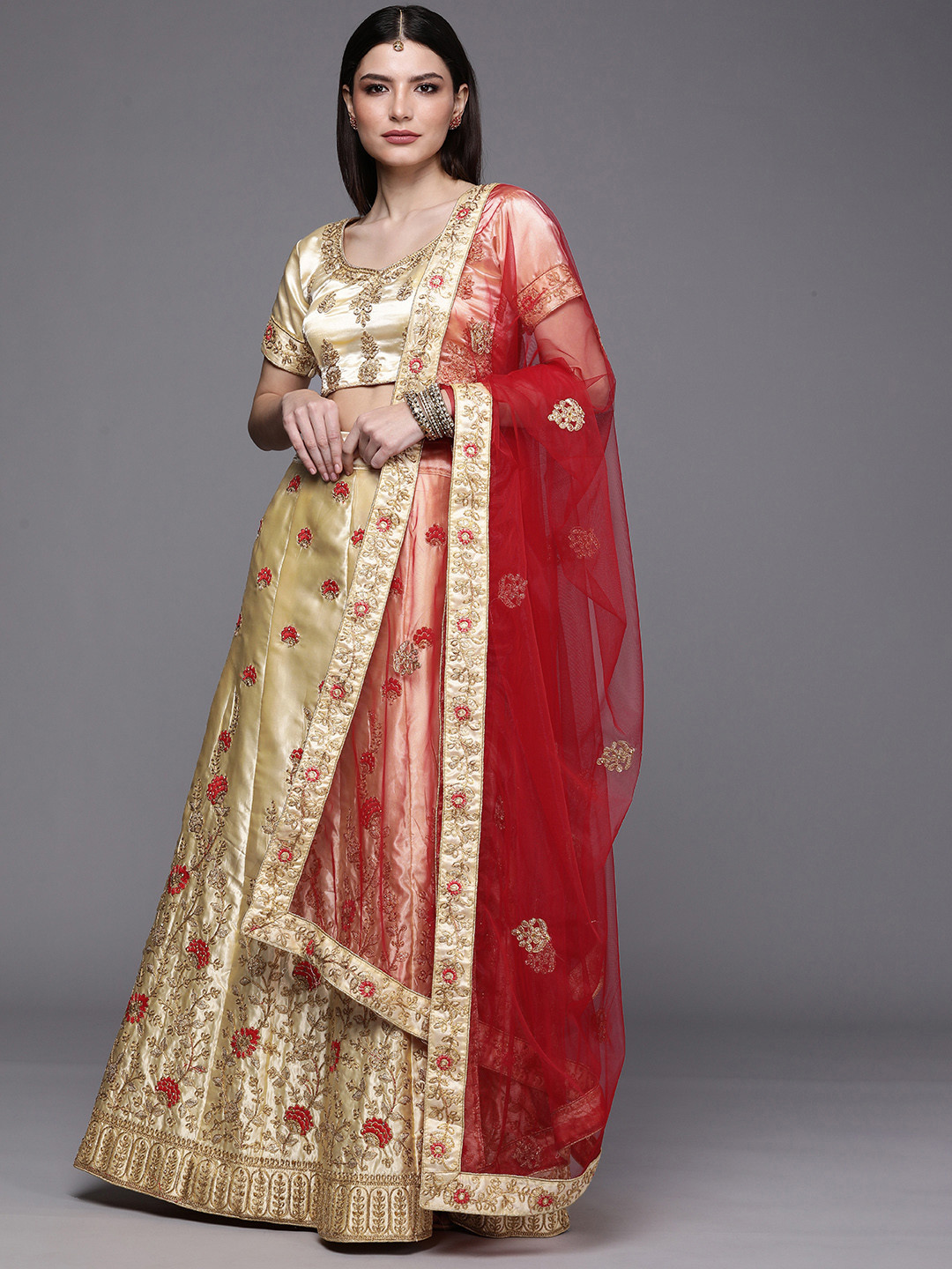 

Mitera Cream-Coloured & Red Embroidered Semi-Stitched Lehenga & Unstitched Blouse With Dupatta
