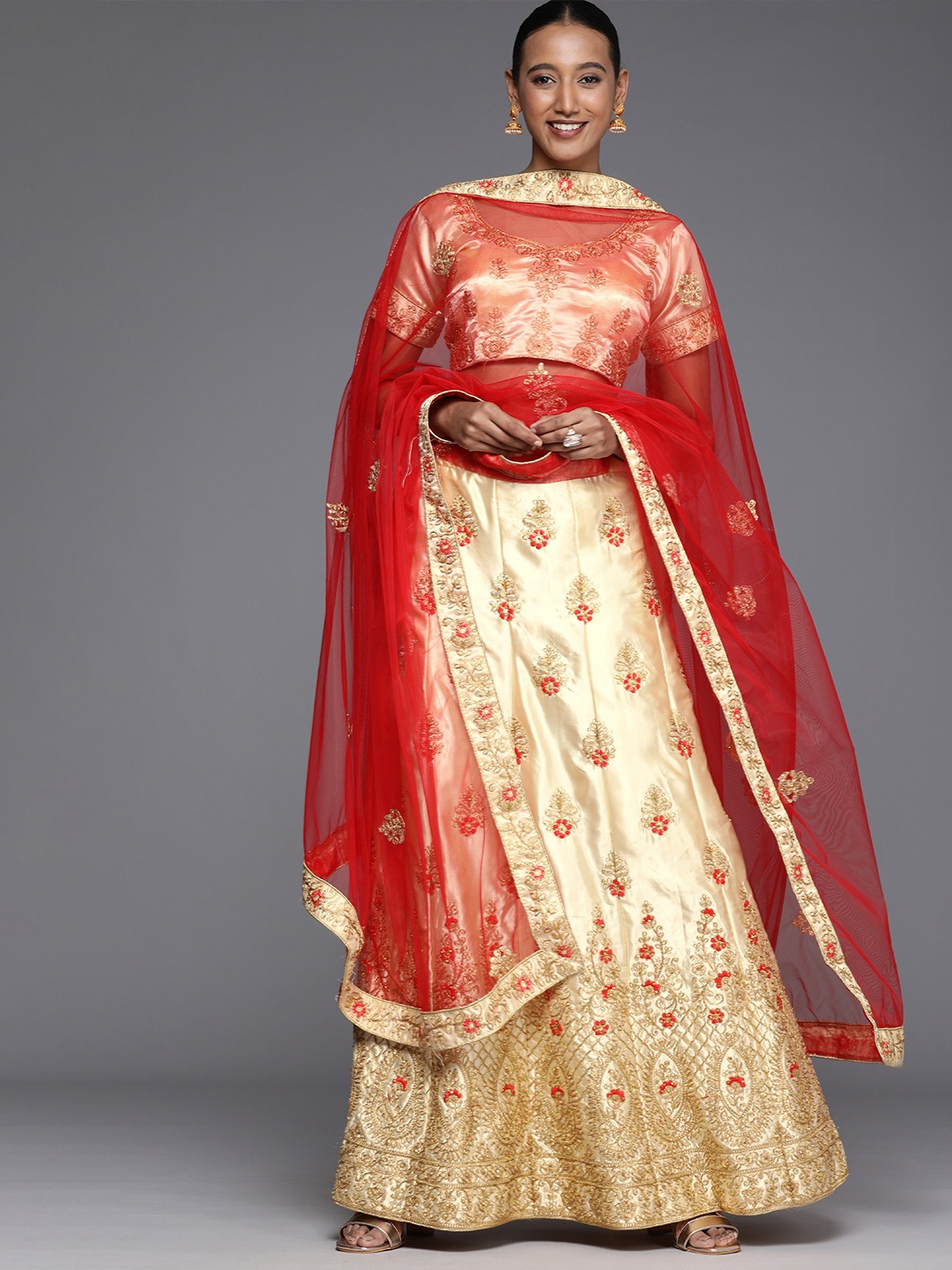 

Mitera Cream-Coloured & Red Semi-Stitched Lehenga & Unstitched Blouse With Dupatta