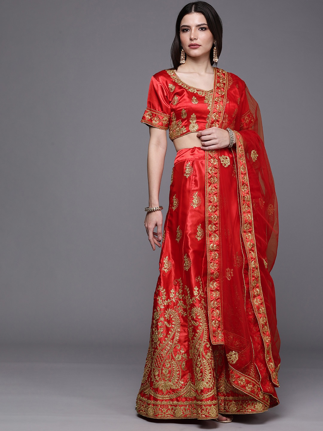 

Mitera Red & Gold-Toned Embroidered Semi-Stitched Lehenga & Unstitched Blouse With Dupatta