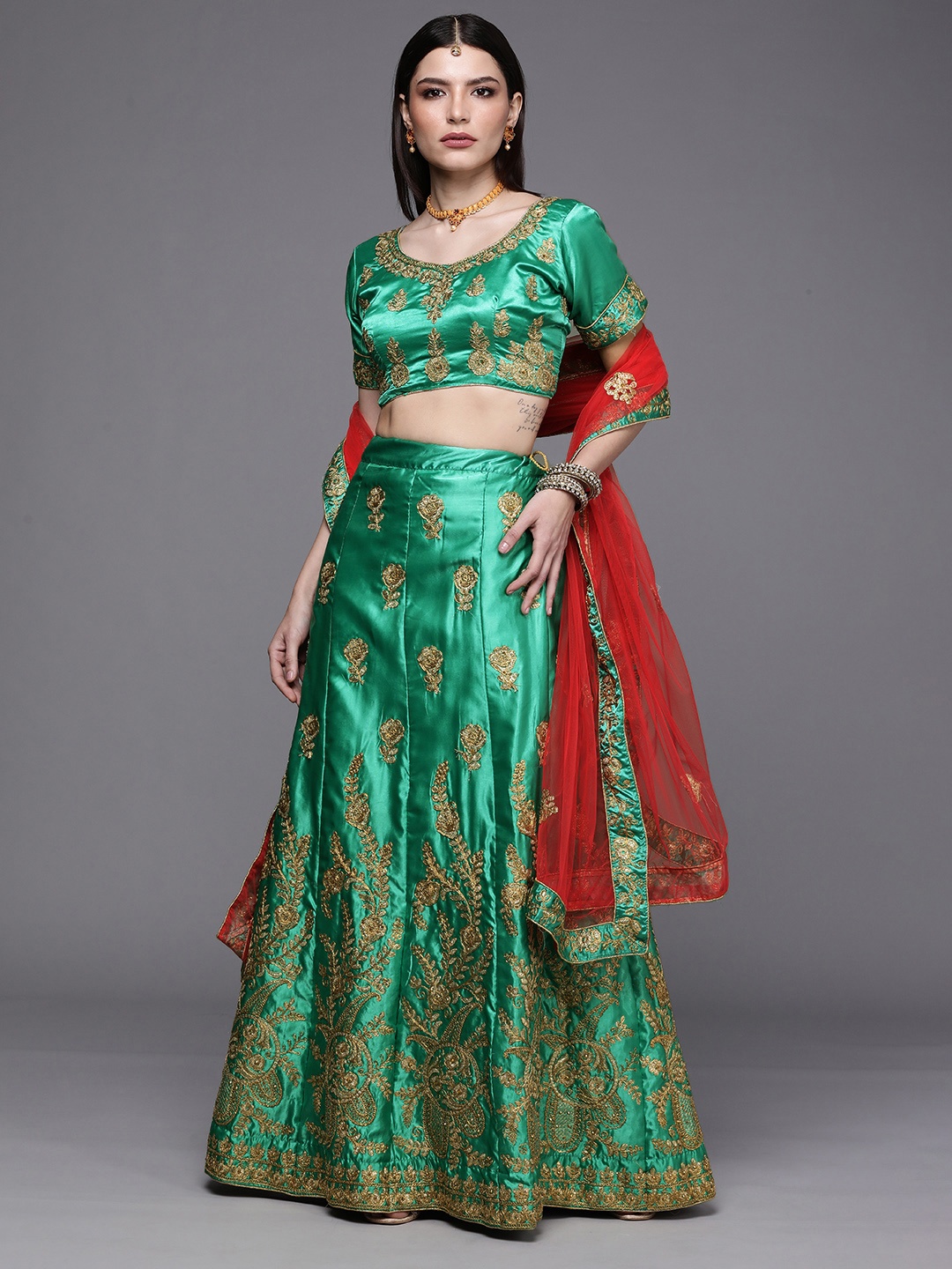 

Mitera Green & Red Embroidered Semi-Stitched Lehenga & Unstitched Blouse With Dupatta
