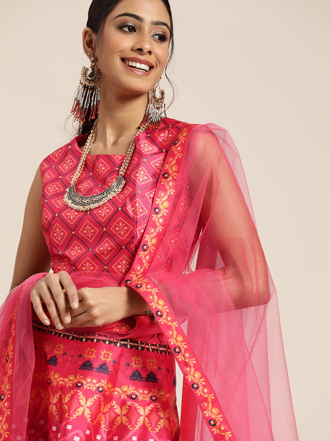 

Sangria Coral Pink Patola Print Semistitched Lehenga with Unstitched Blouse & Dupatta