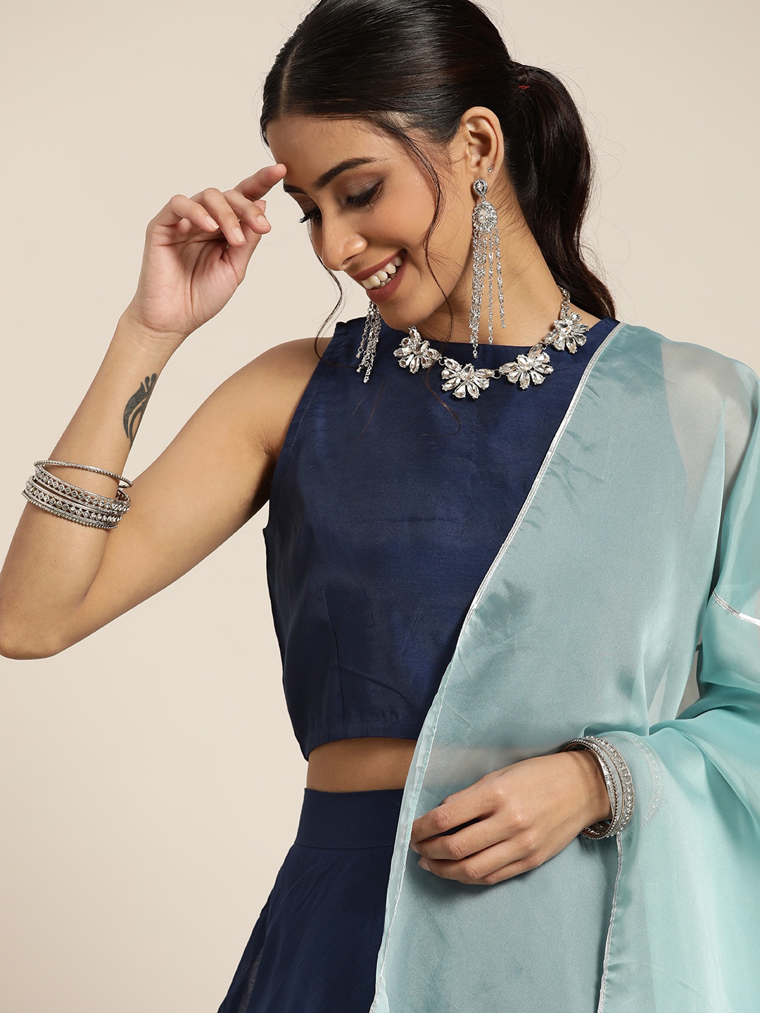

Sangria Navy Blue Gotta Detail Ready to Wear Cotton Lehenga & Blouse With Dupatta