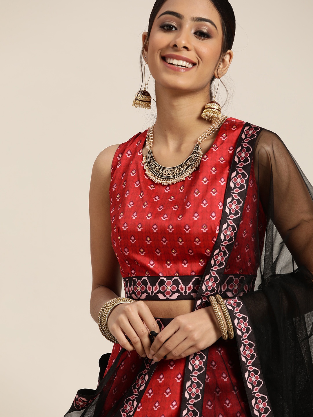 

Sangria Red & Black Printed Semi-Stitched Lehenga & Unstitched Blouse With Dupatta