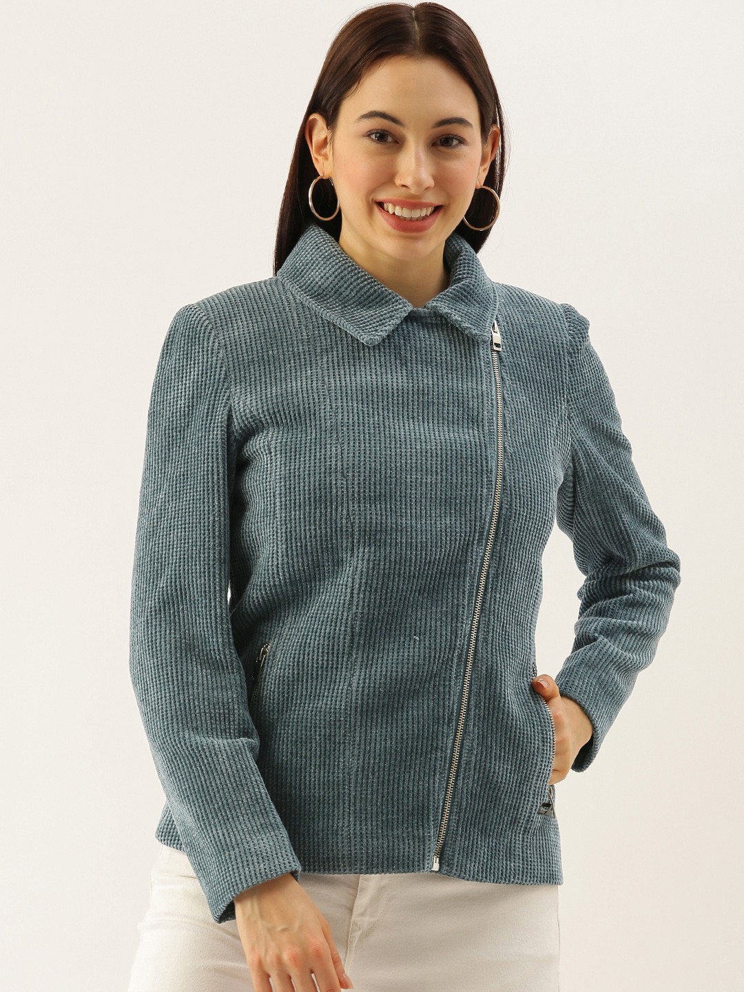 

SHECZZAR Women Blue Self-Design Corduroy Tailored Jacket