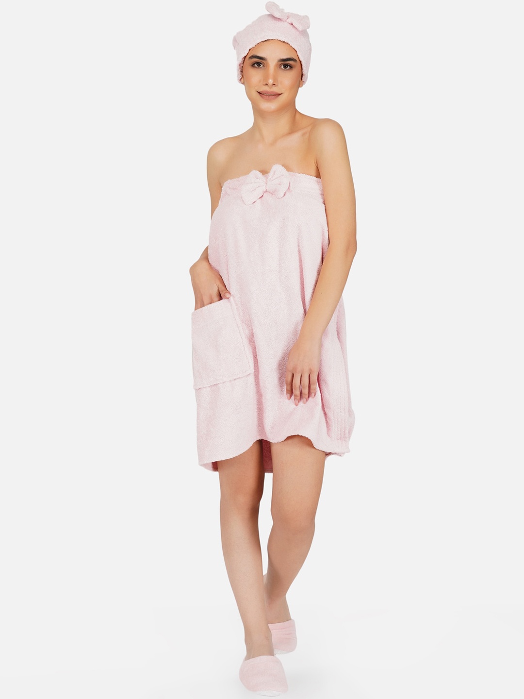 

RANGOLI Pink Set of Solid Body Wrap Bathrobe with Head Cap