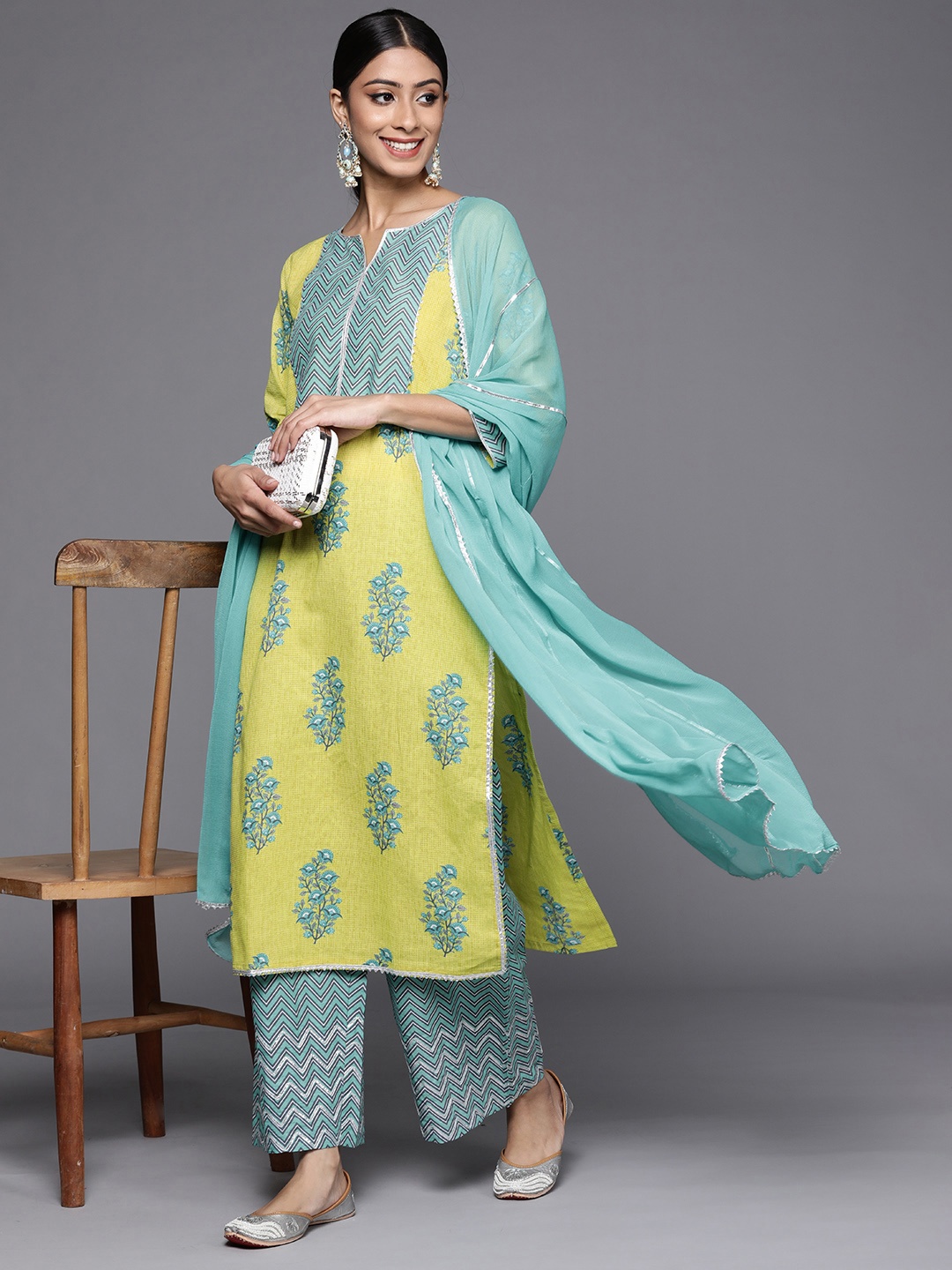 

Libas Women Green Floral & Checked Gotta Patti Pure Cotton Kurta Palazzos & Dupatta