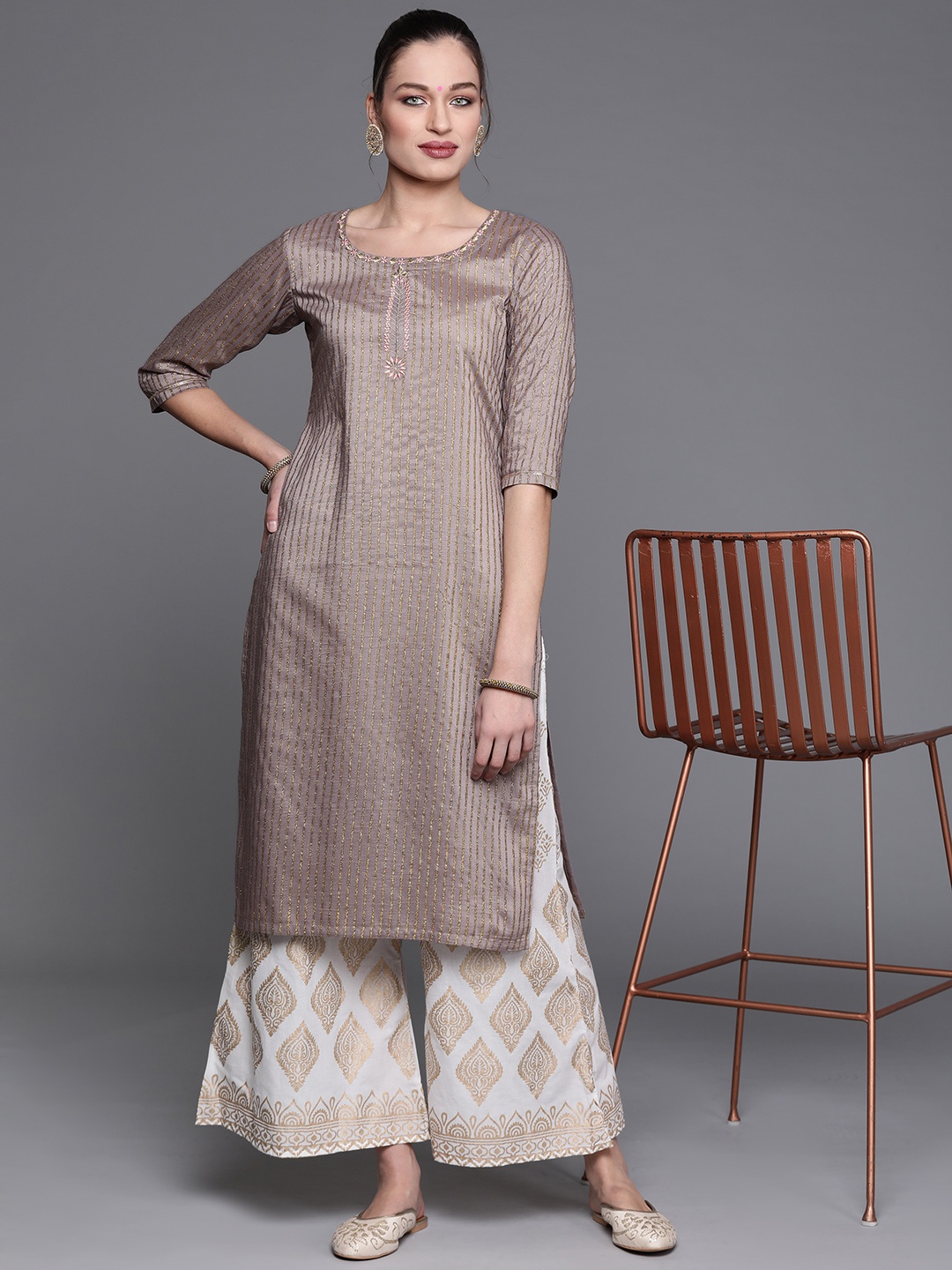 

Libas Women Taupe & Gold Striped Thread Work Chanderi Silk Straight Kurta