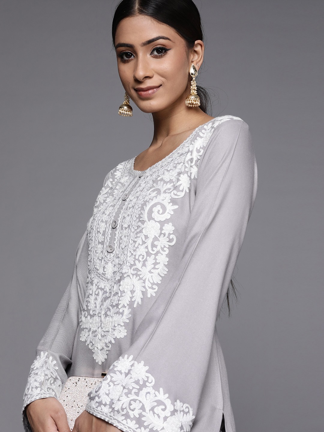 

Libas Women Grey & White Ethnic Motifs Yoke Design Winter Pashmina Wool Kurta