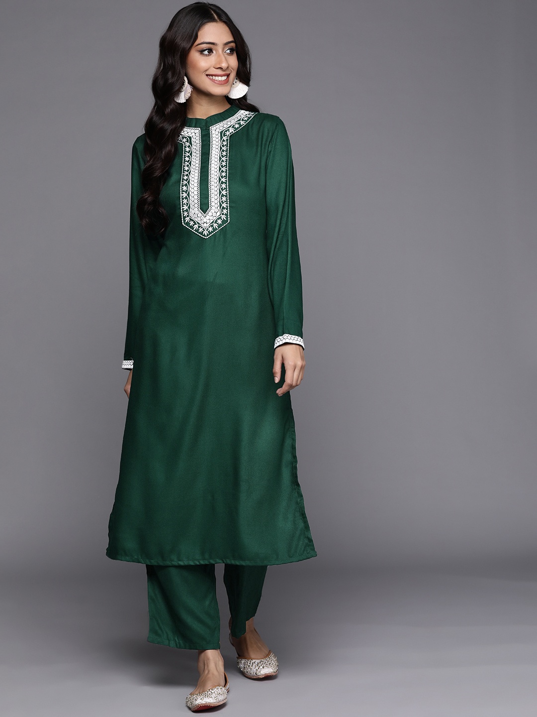 

Libas Green & White Floral Yoke Design Thread Work Pashmina Wool Kurta with Trousers