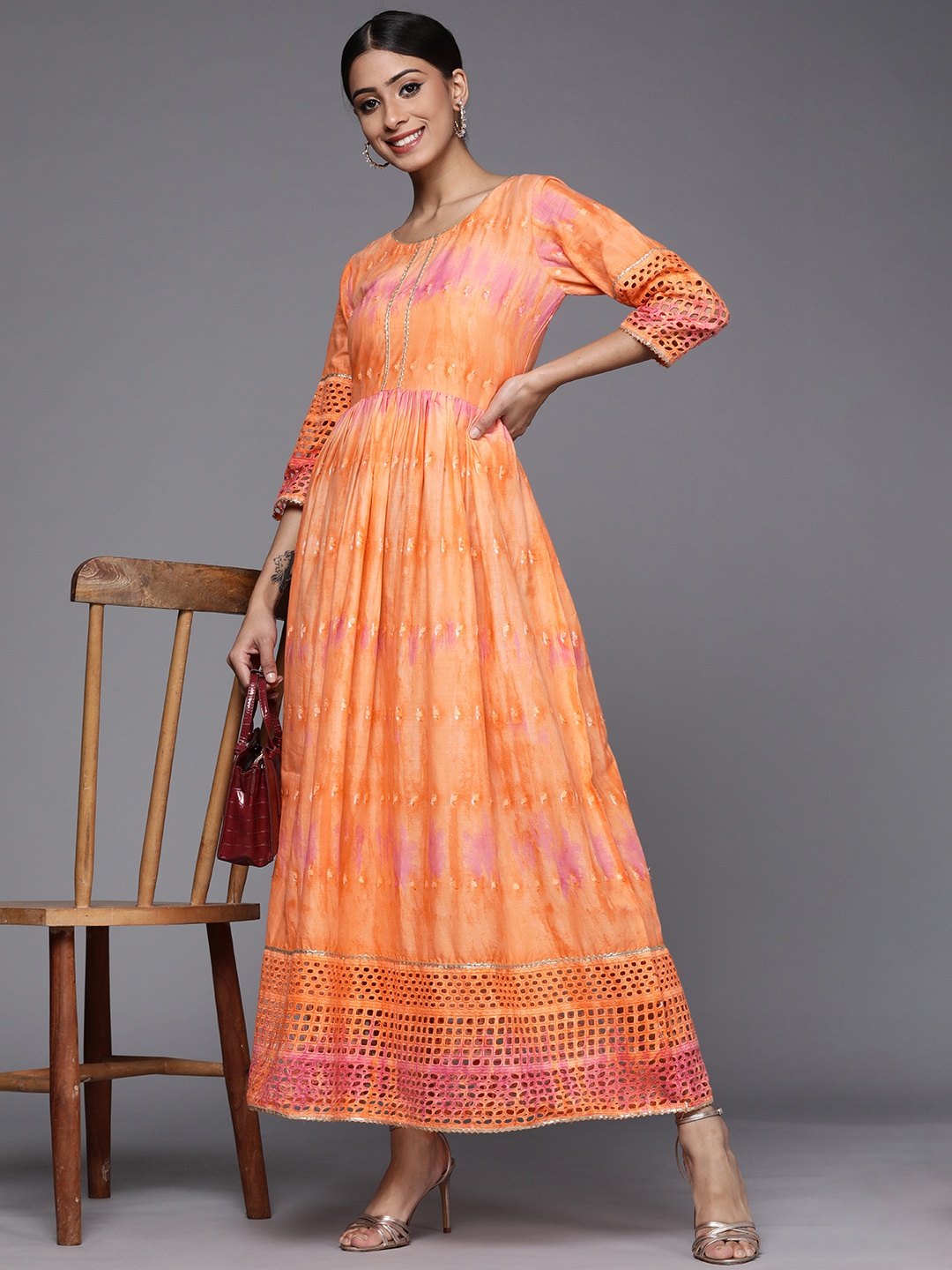 

Libas Orange & Pink Dyed Geometric Embroidered Schiffli Gotta Patti Cotton Maxi Dress