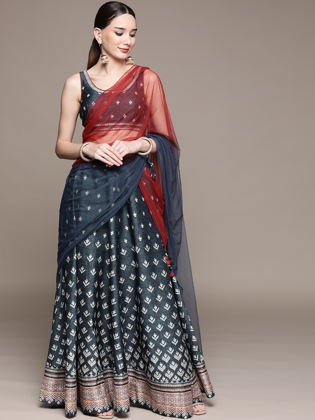 

aarke Ritu Kumar Teal Blue & Gold Ethnic Print Ready to Wear Lehenga & Blouse With Dupatta