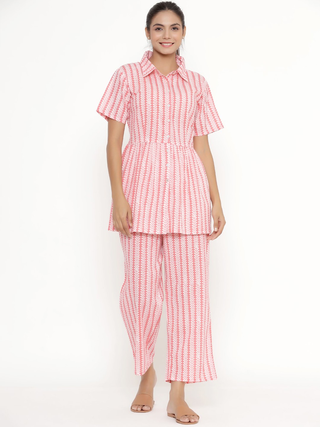 

JISORA Woman Pink Striped Peplum Top Night Suit