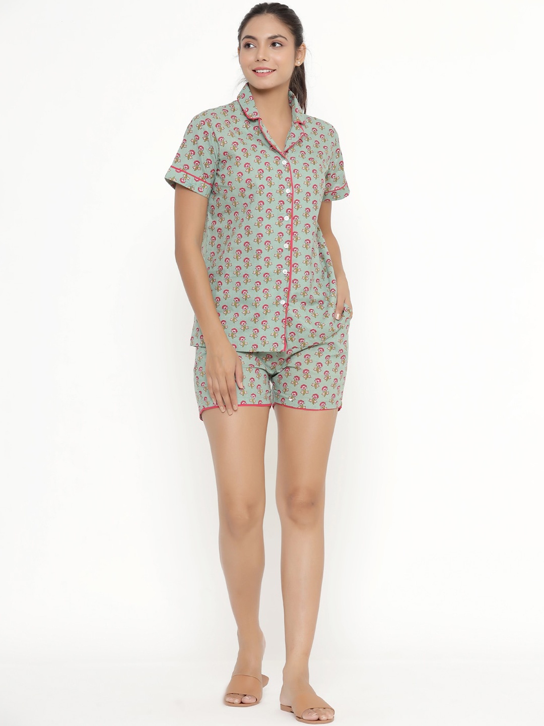 

JISORA Women Green & Pink Printed Night suit