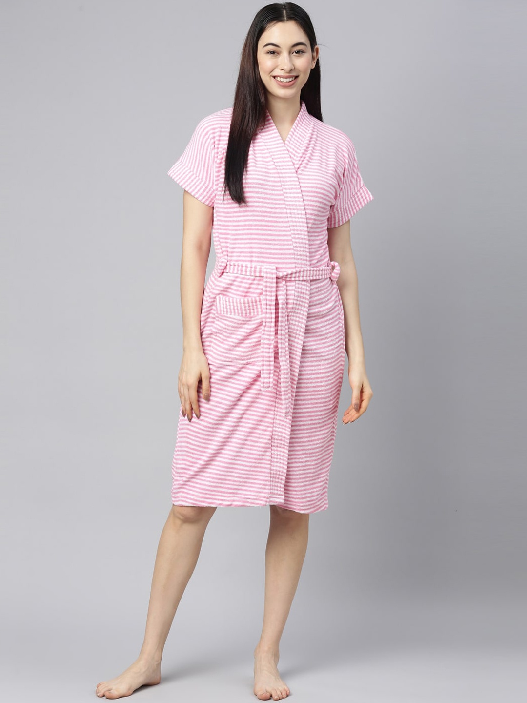 

GOLDSTROMS Women Pink & White Striped Cotton Bath Robe