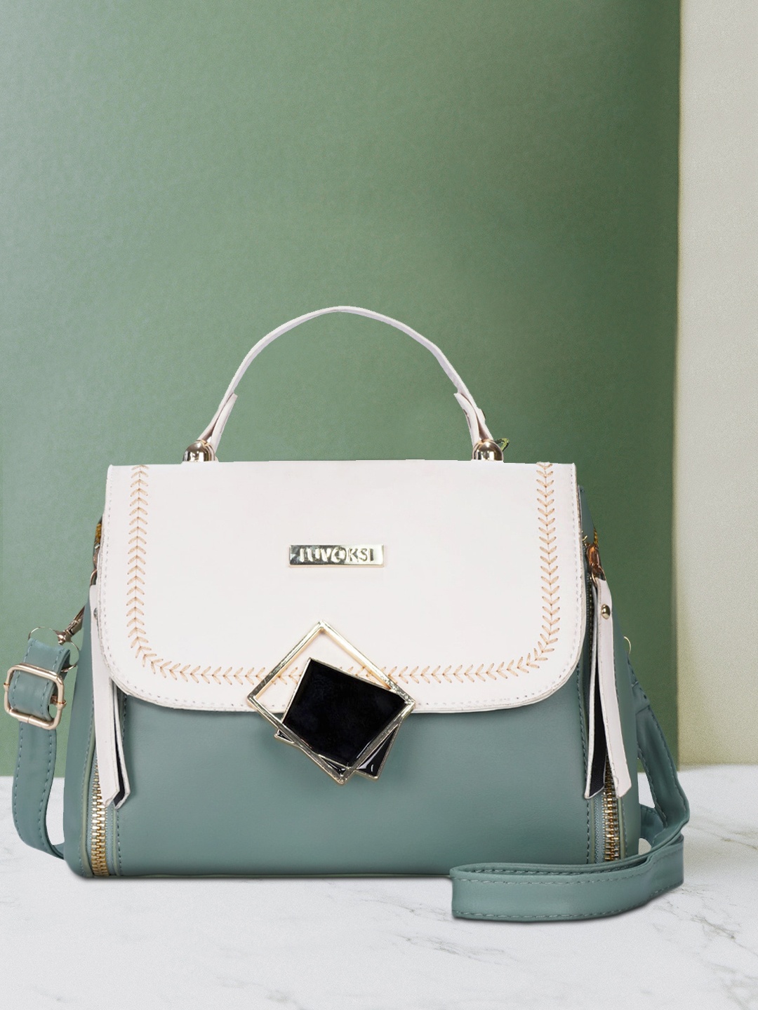 

Luvoksi Green Colourblocked PU Structured Satchel with Tasselled