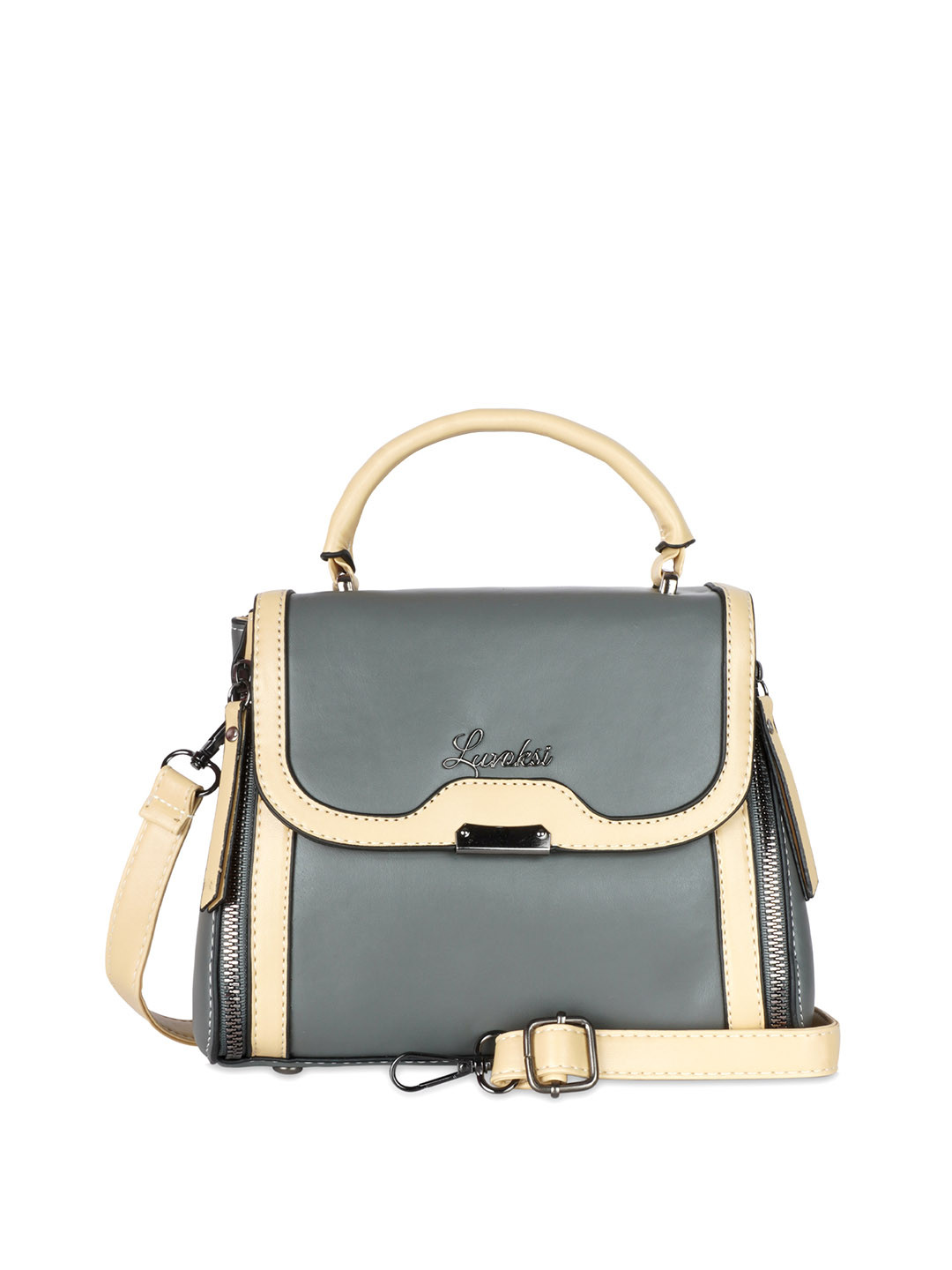 

Luvoksi Grey Colourblocked PU Swagger Satchel with Tasselled