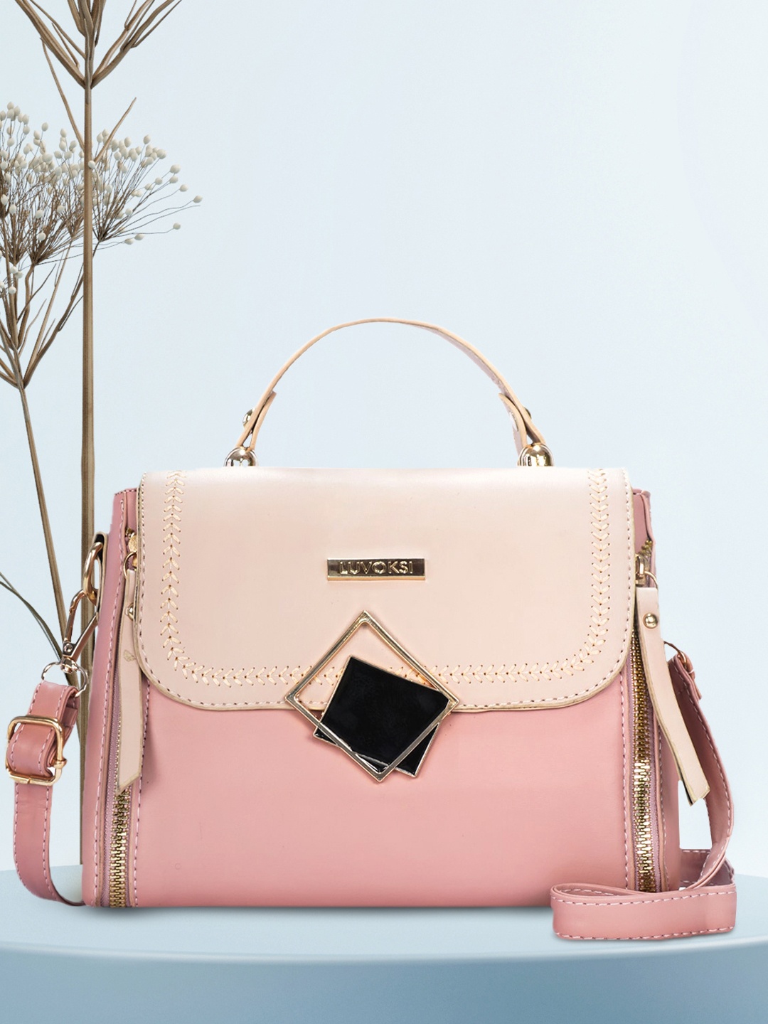 

Luvoksi Pink Colourblocked PU Structured Satchel with Tasselled