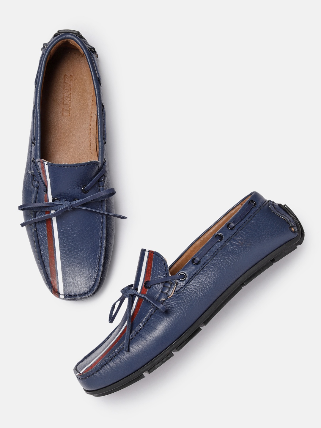 

ZZANETTI Men Navy Blue Striped Leather Loafers