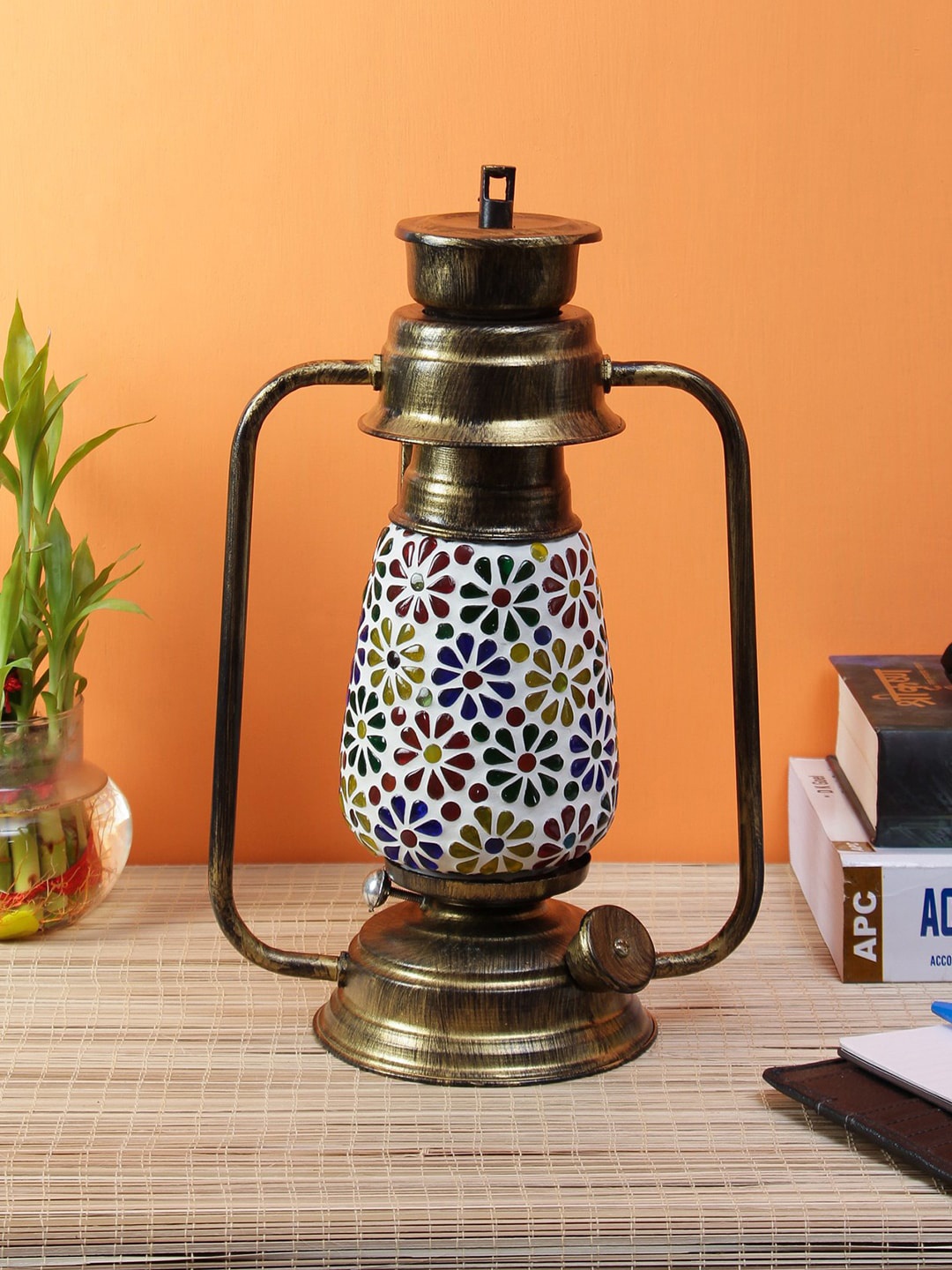 

Devansh Multicolored Antique Gold Mosaic Lantern Table Lamp, Multi