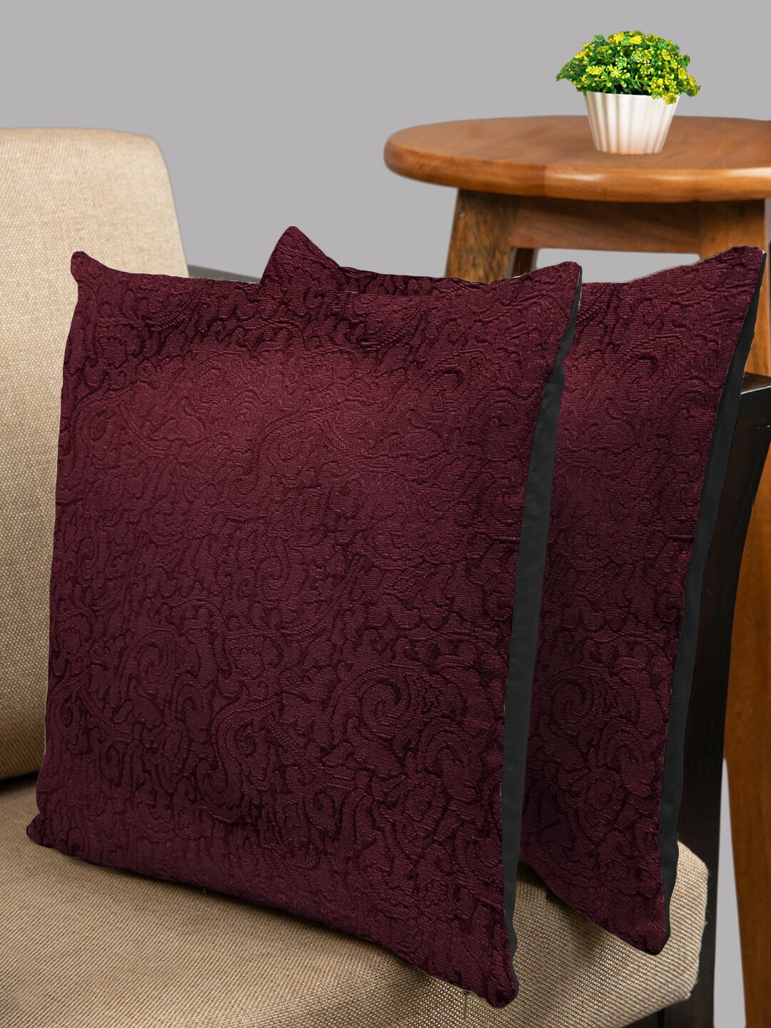 

HOUZZCODE Set Of 2 Burgundy Self Design Square Cushion Cover