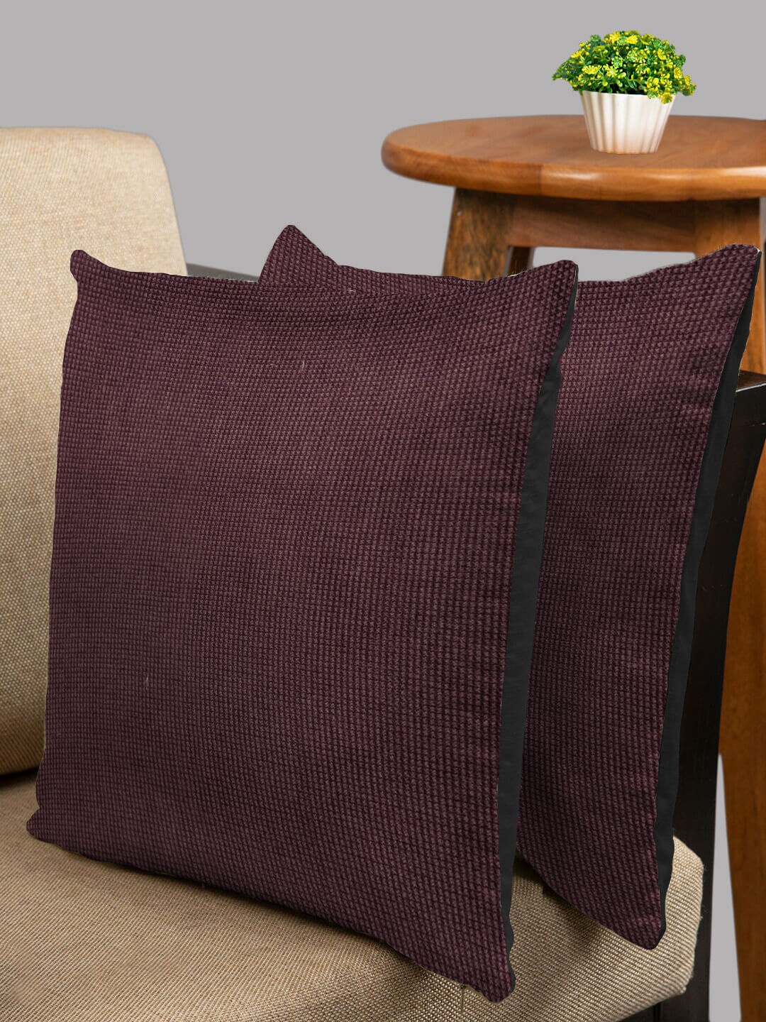 

HOUZZCODE Burgundy & Black Set of 2 Velvet Square Cushion Covers