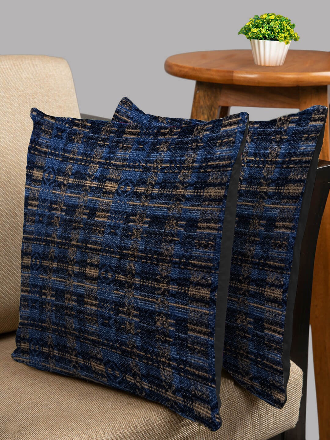

HOUZZCODE Blue & Beige Set of 2 Square Cushion Covers