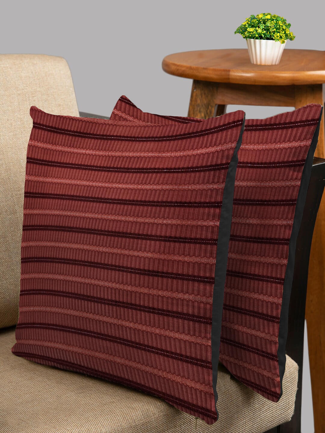 

HOUZZCODE Set of 2 Maroon & Black Striped Square Cushion Covers