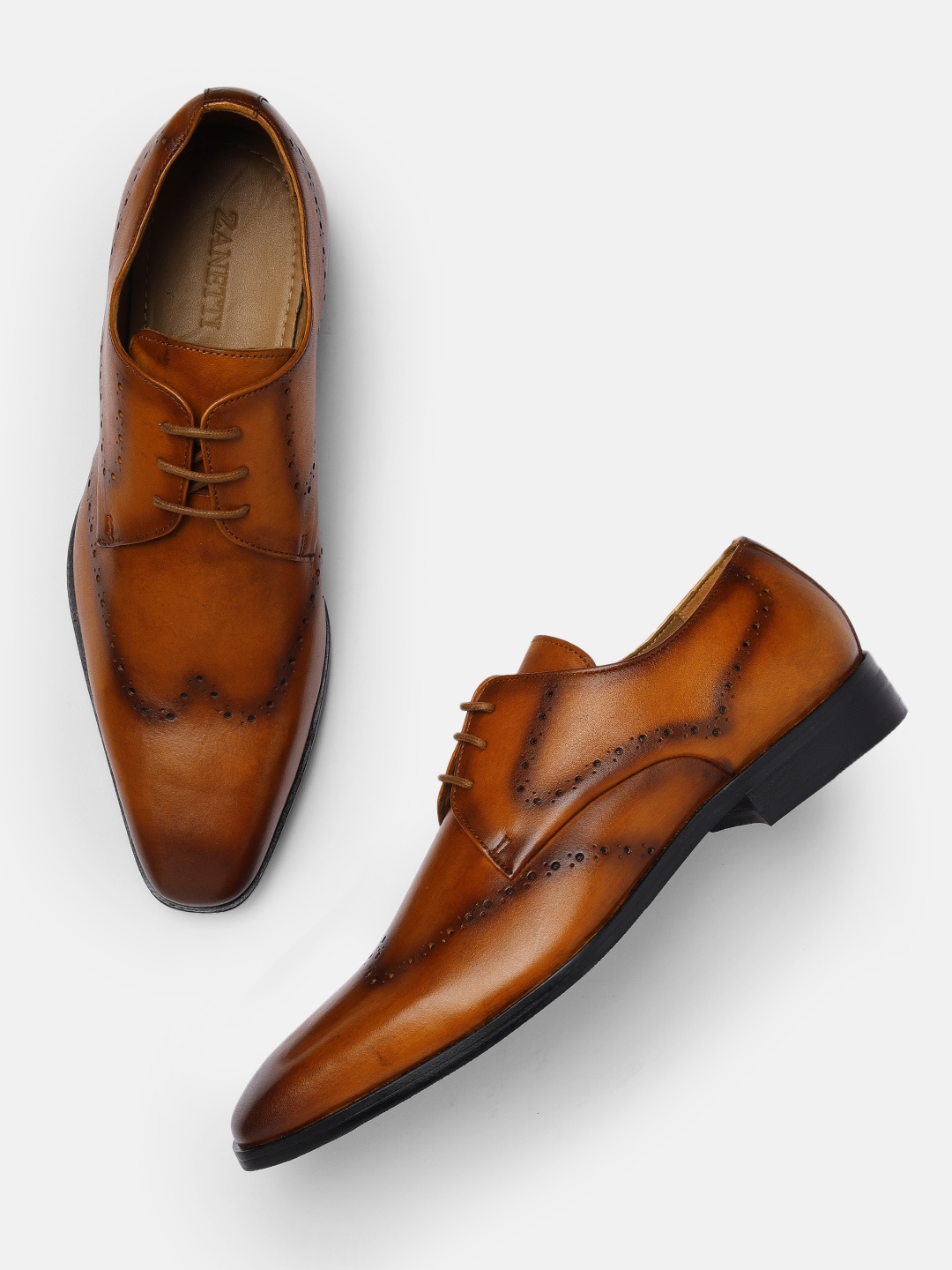 

ZZANETTI Men Tan Brown Solid Genuine Leather Regular Formal Derbys with Perforations