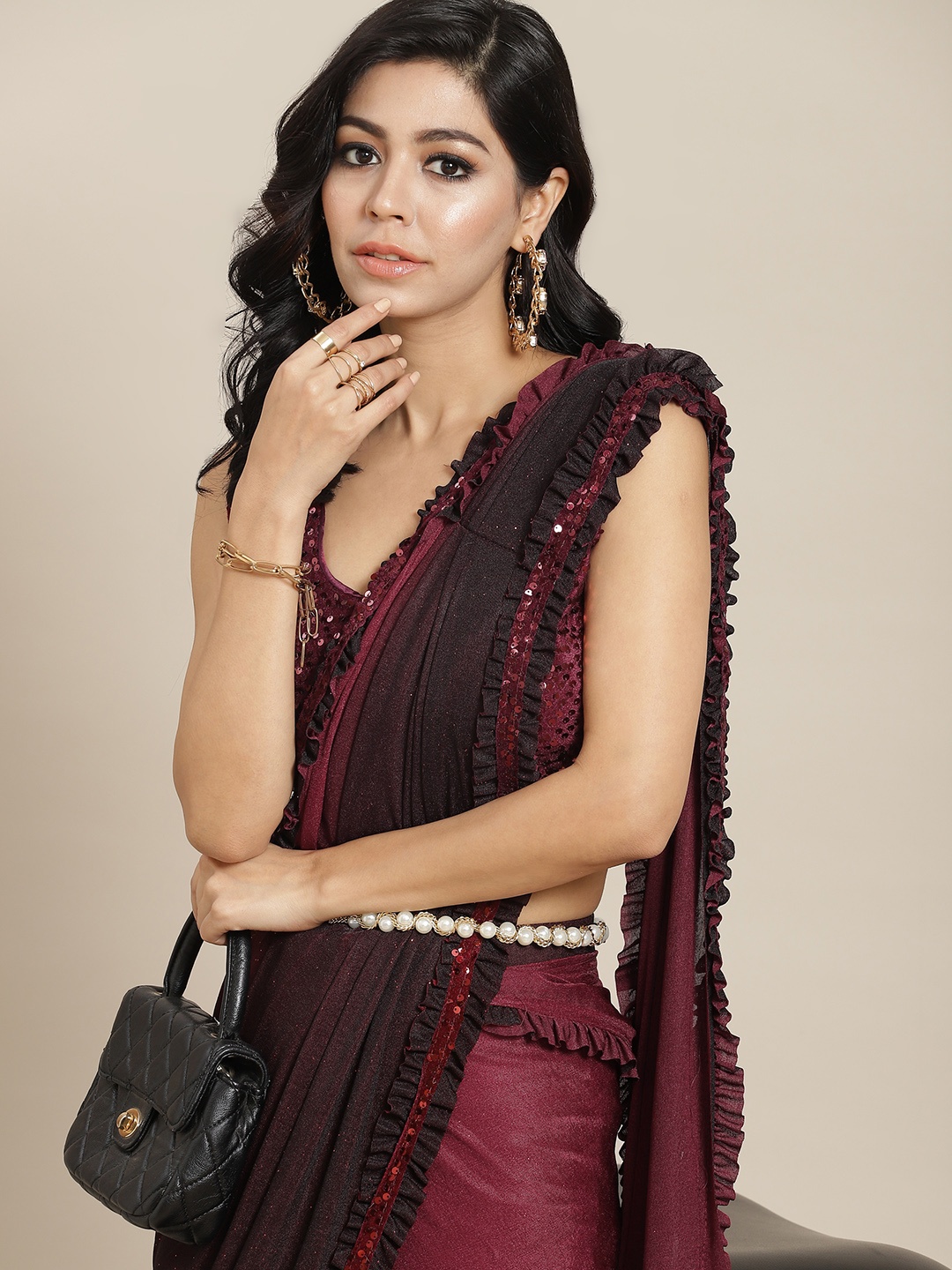 

Mitera Maroon & Black Ombre Sequinned Ready to Wear Saree