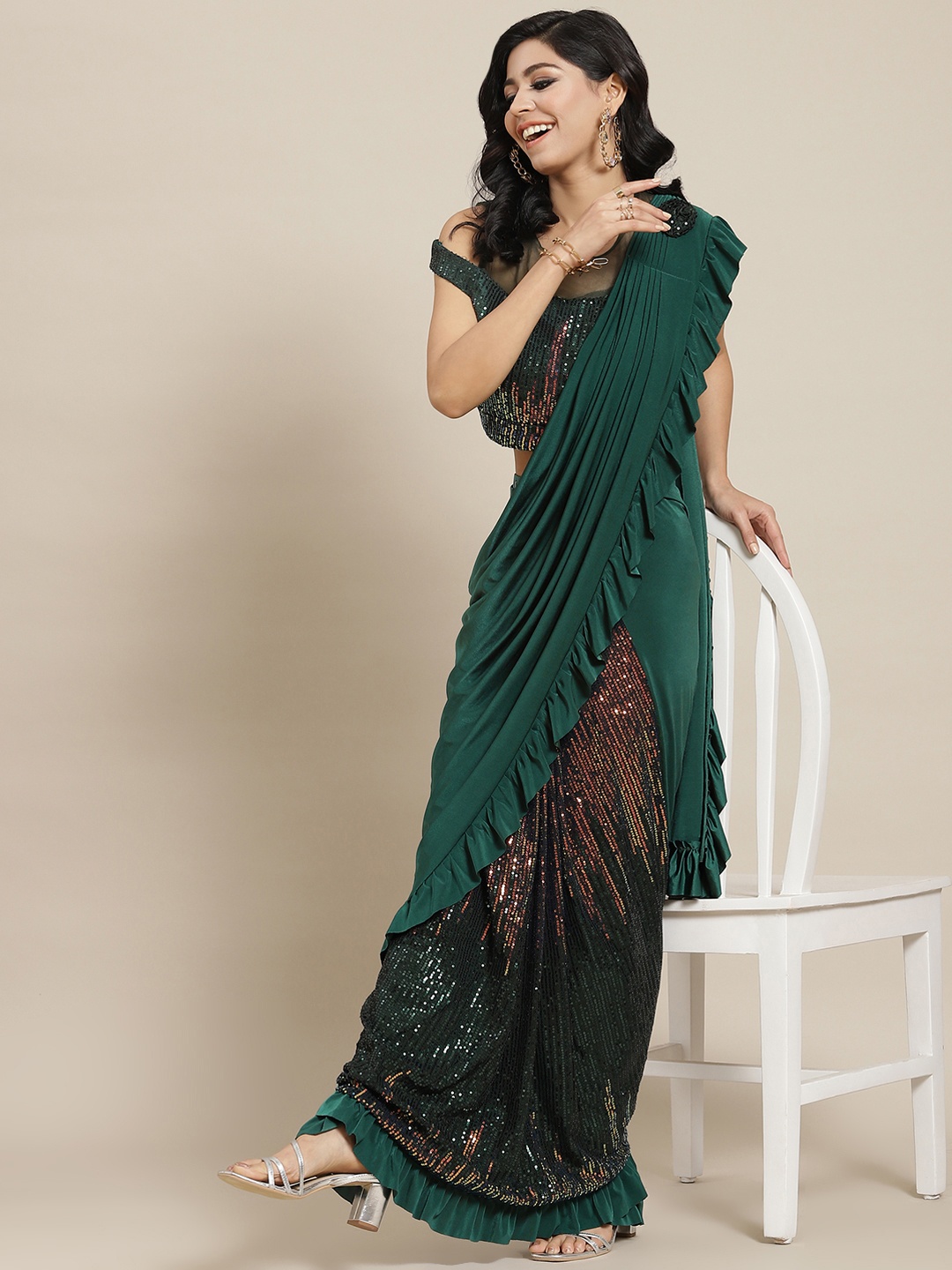 

Mitera Green Embellished Sequinned Ready to Wear Saree with Ruffles
