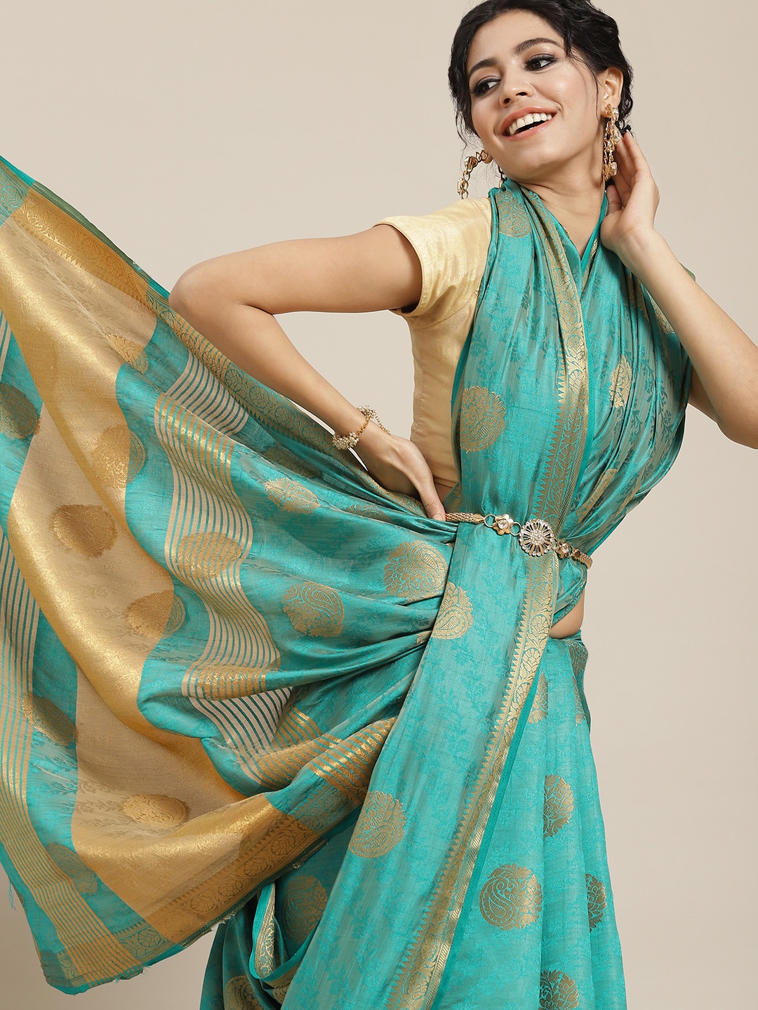 

Mitera Sea Green & Golden Paisley Woven Design Zari Saree