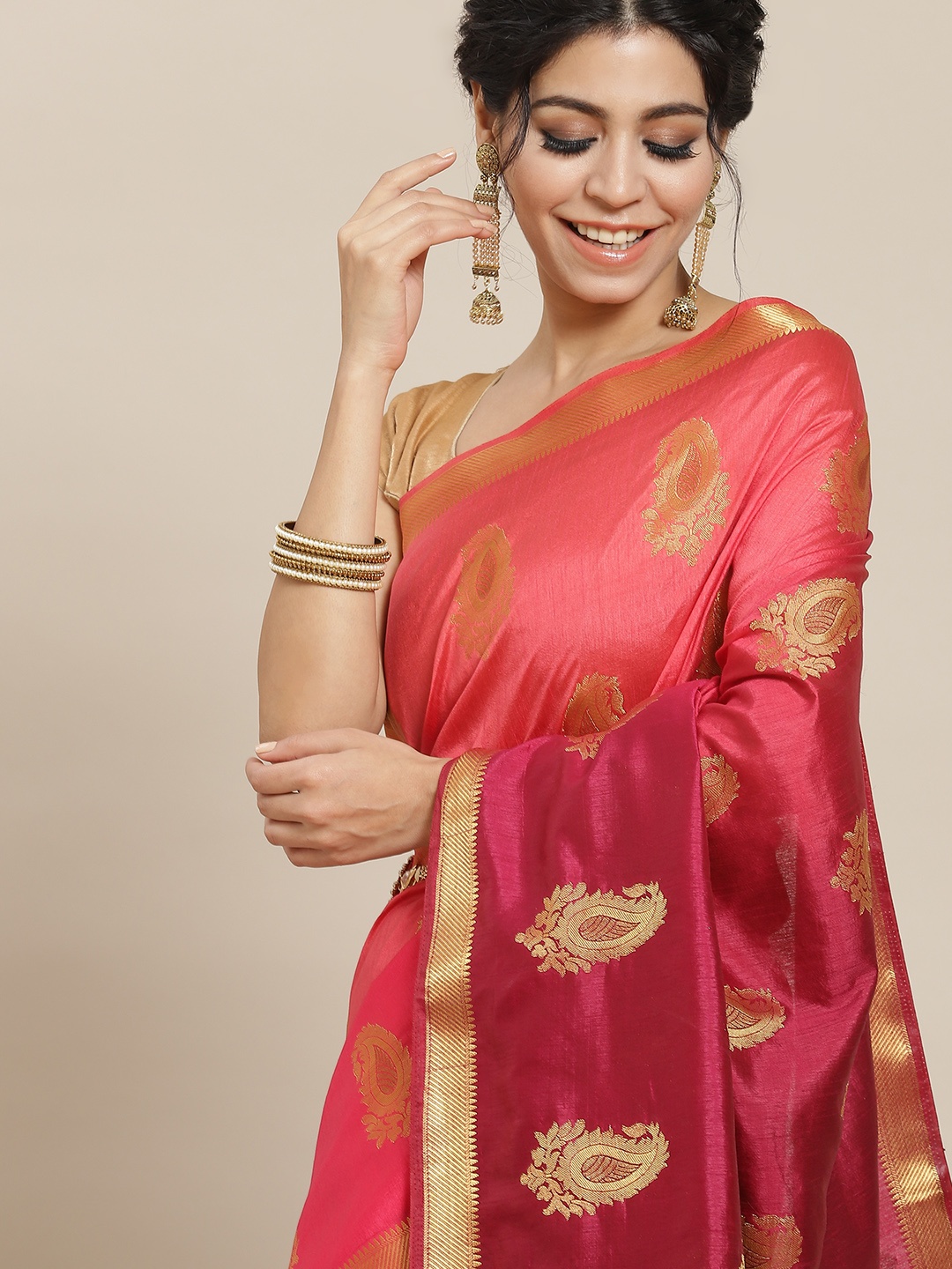 

Mitera Red & Golden Paisley Woven Design Zari Saree
