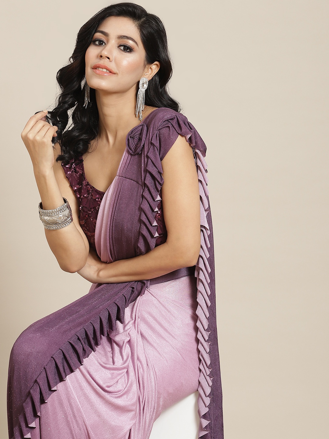 

Mitera Purple & Lavender Ombre Ready to Wear Saree with Ruffles
