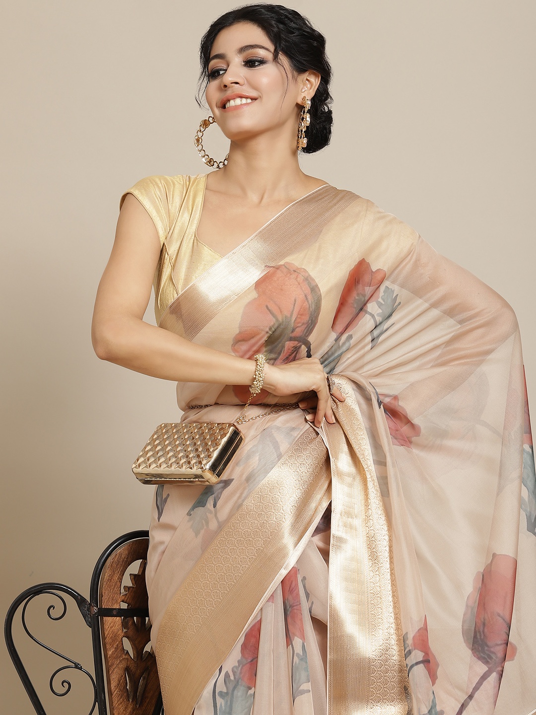 

Mitera Beige & Orange Floral Zari Organza Saree