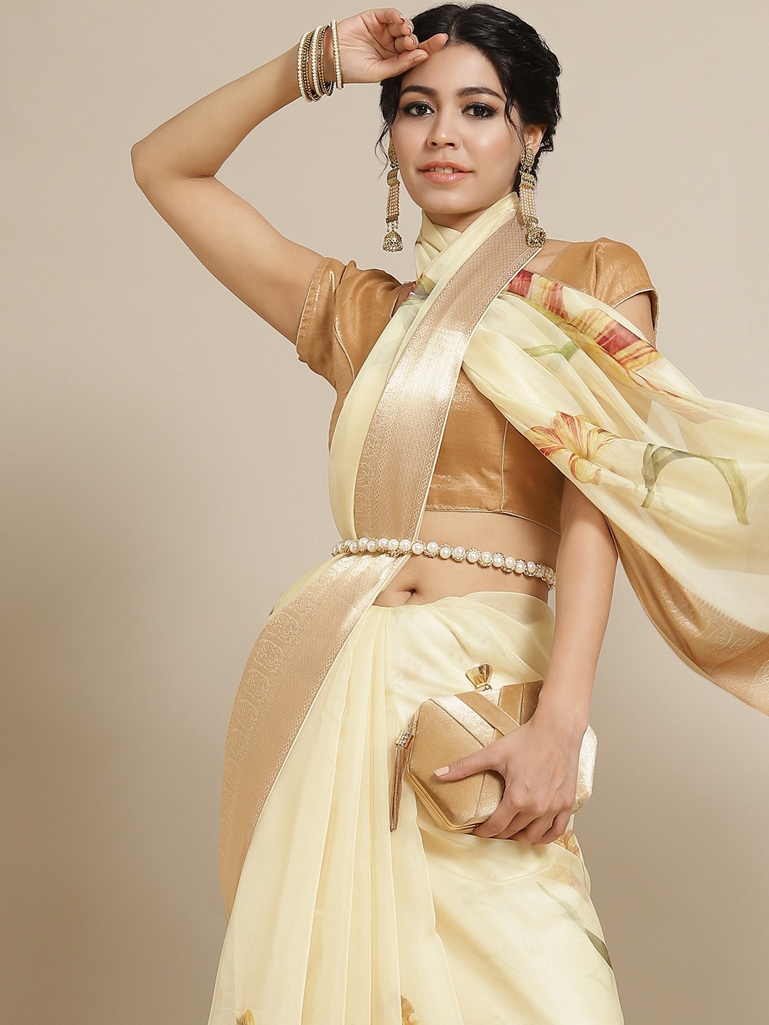 

Mitera Yellow Floral Zari Organza Saree
