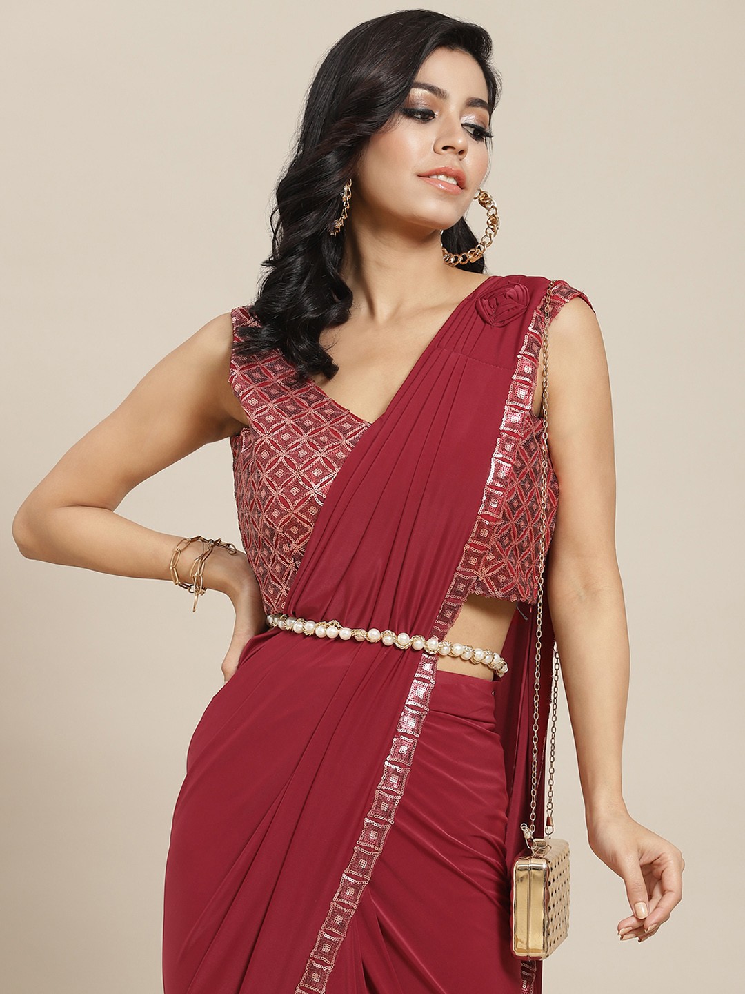 

Mitera Maroon Solid Ready to Wear Saree