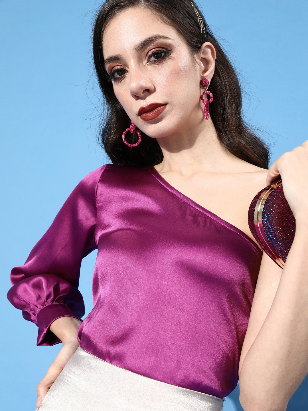 

Cation Women Charming Purple Solid One-Shoulder Top