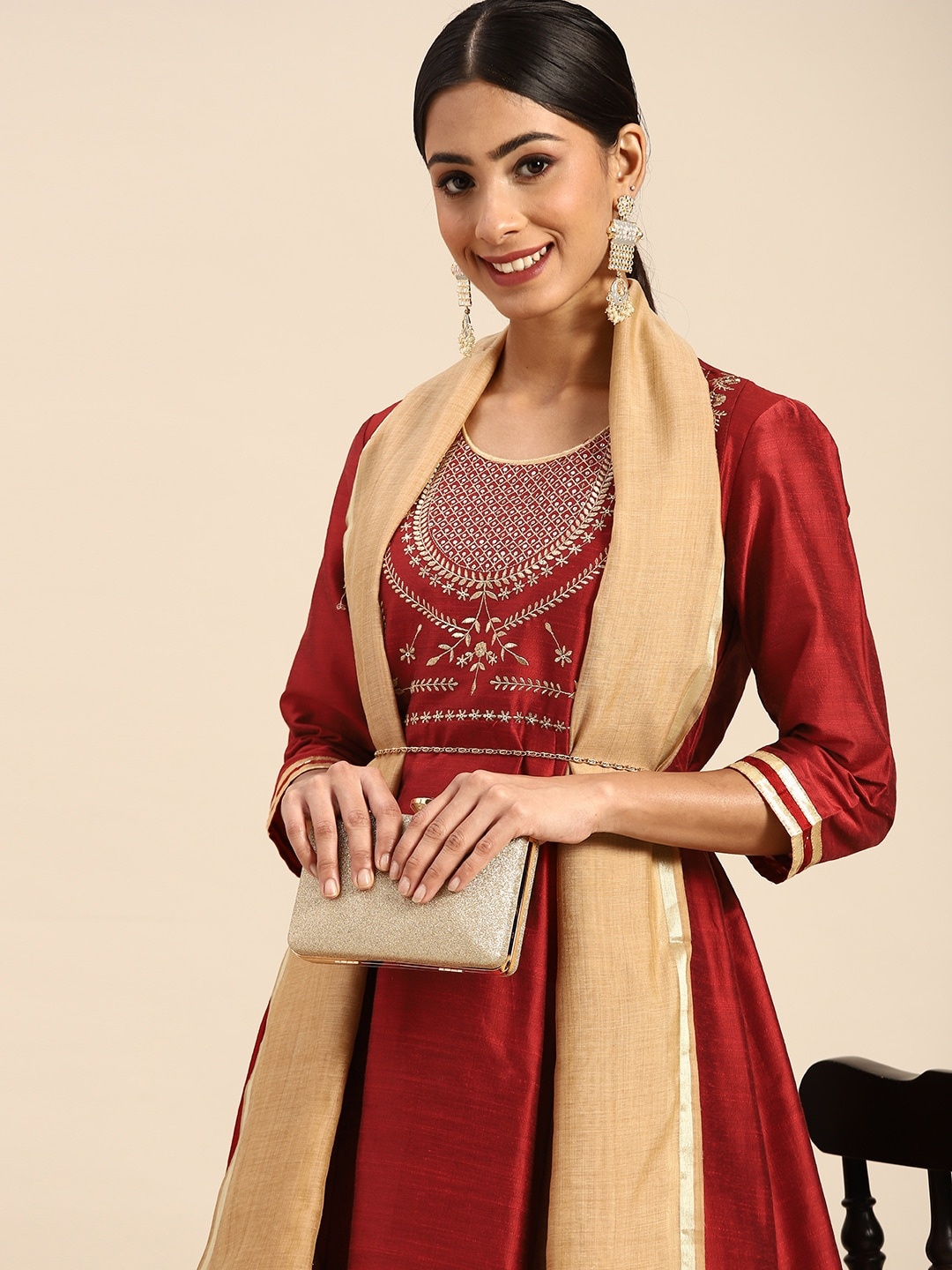 

all about you Maroon & Golden Lurex & Sequin Embroidered Ethnic Maxi Dress with Dupatta