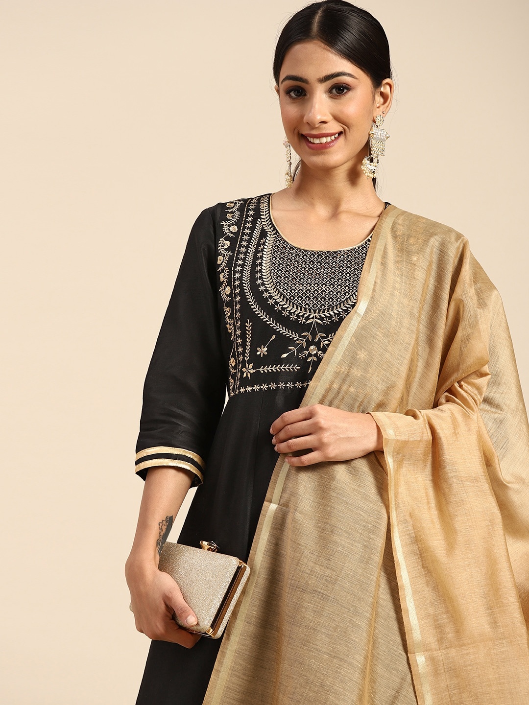

all about you Black & Golden Lurex & Sequin Embroidered Ethnic Maxi Dress with Dupatta