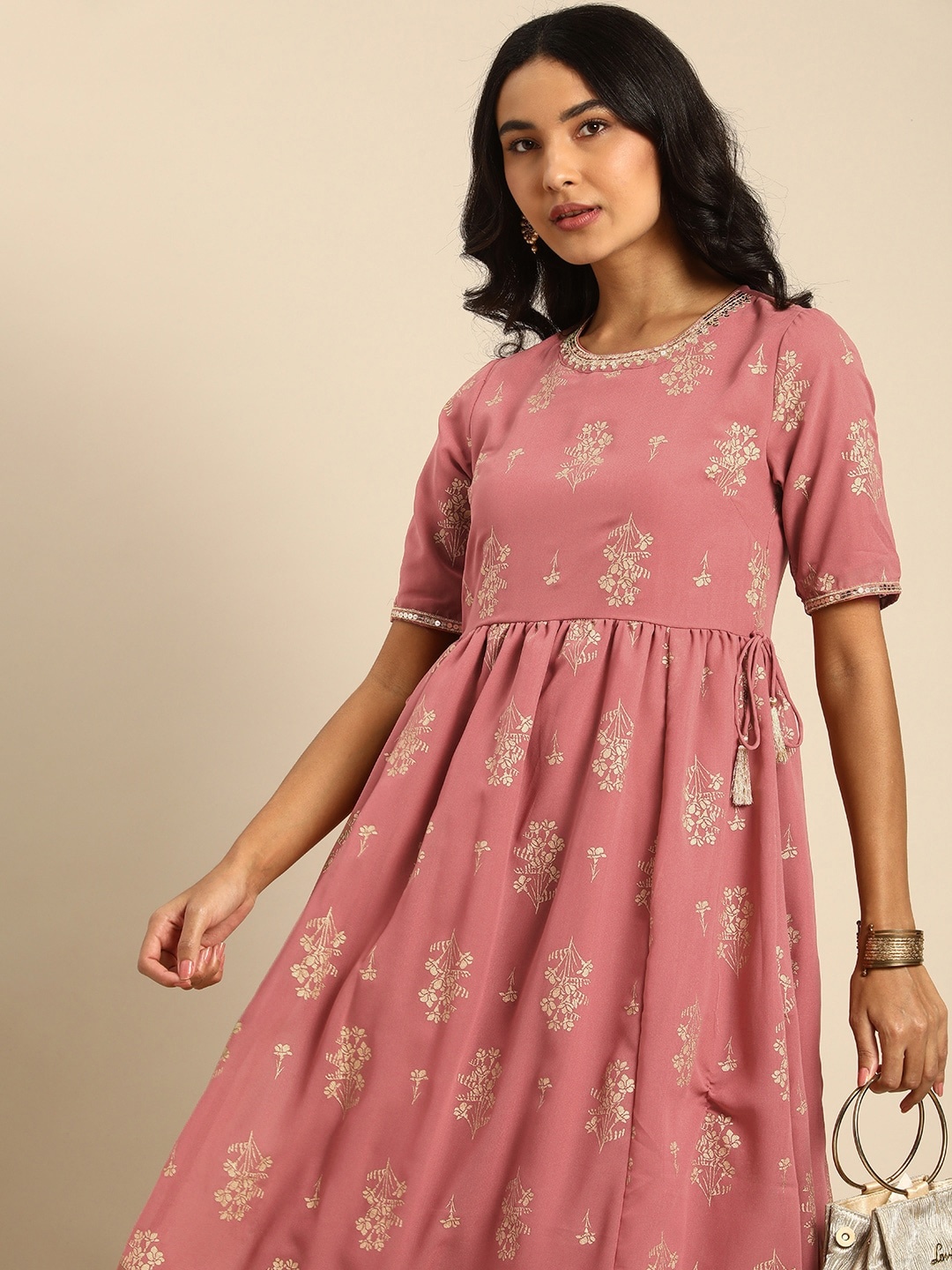 

all about you Pink Floral Sequined Maxi Fit& Flare Dress